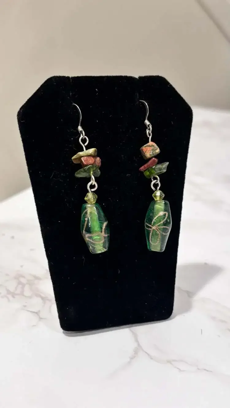 Handcrafted Green Glass Bead Dangle Earrings
